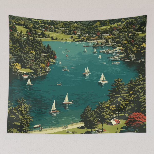 Item preview, Mactaquac — New Brunswick Vintage Lakeside Sailing Art Print designed and sold by TuncGK.