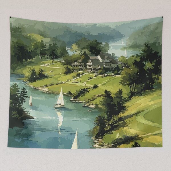 Item preview, Rothesay — New Brunswick Pastel Riverfront Sailing Art Print designed and sold by TuncGK.