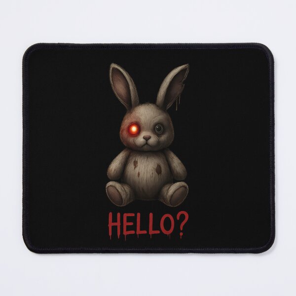 Item preview, Haunted Plush Bunny With Red Eye – Creepy “HELLO?” Horror Art designed and sold by DreamiCanvas.
