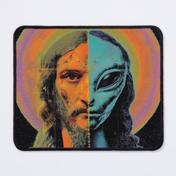 Item preview, Jesus vs Alien – Psychedelic Split Portrait of Divinity and Cosmic Mystery designed and sold by Mystikos Art.