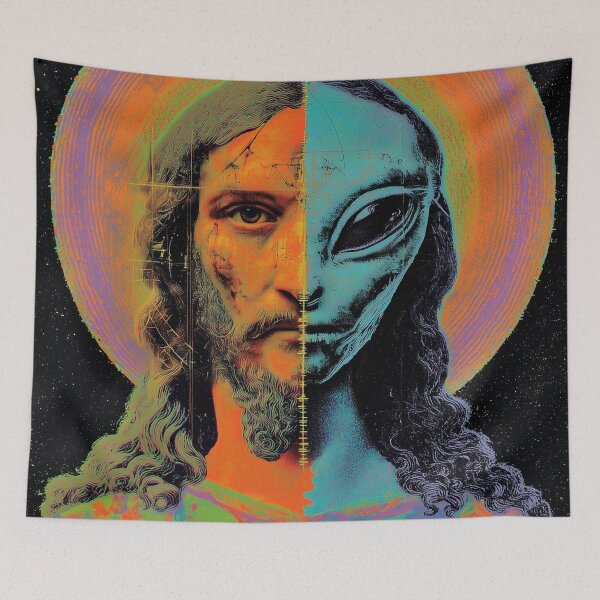 Item preview, Jesus vs Alien – Psychedelic Split Portrait of Divinity and Cosmic Mystery designed and sold by Mystikos Art.