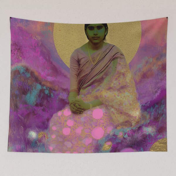 Item preview, Mother Meera Divine Presence – Surreal South Asian Portrait with Cosmic Halo designed and sold by Mystikos Art.