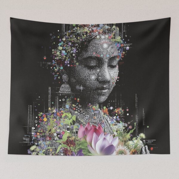Item preview, Cyber Bloom – Surreal Tech-Human Portrait with Floral Offering designed and sold by Mystikos Art.