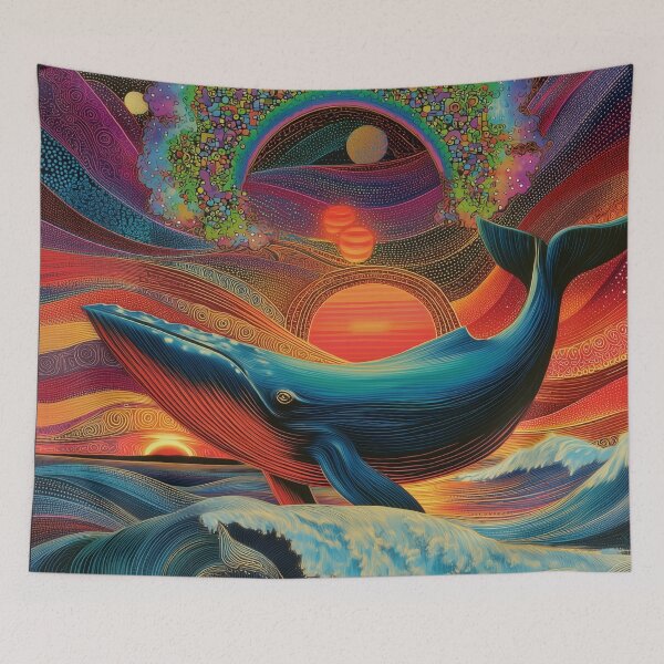 Item preview, Cosmic Whale Leap – Surreal Ocean Fantasy with Rainbow and Celestial Skies designed and sold by Mystikos Art.