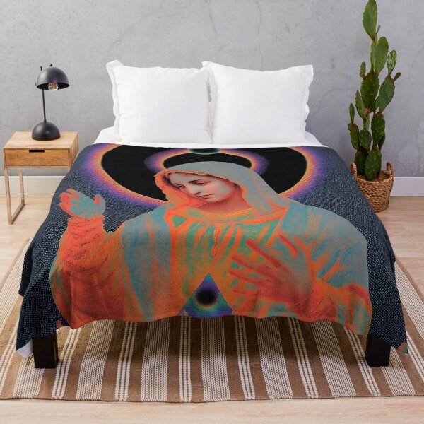 Item preview, Cosmic Mary – Surreal Psychedelic Goddess with Halo and Mountain Temple designed and sold by Mystikos Art.