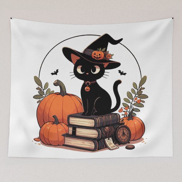 Item preview, Witchy Black Cat Halloween Pumpkin Books designed and sold by BigBlueArt.