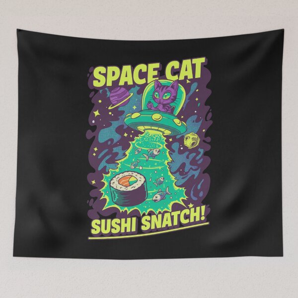 Item preview, Space Cat Sushi Snatch! - Neon Sci-Fi Kitten UFO designed and sold by AwesomeBeyondLimits.