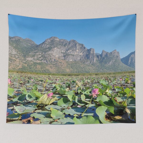 Item preview, Lotus Pond with Mountain Background designed and sold by Sam-Travels.