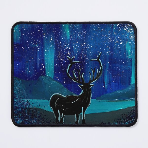 Item preview, Deer Under Aurora Borealis - Blue Night Time Scene with Lake and Mountains designed and sold by stainsbystev.