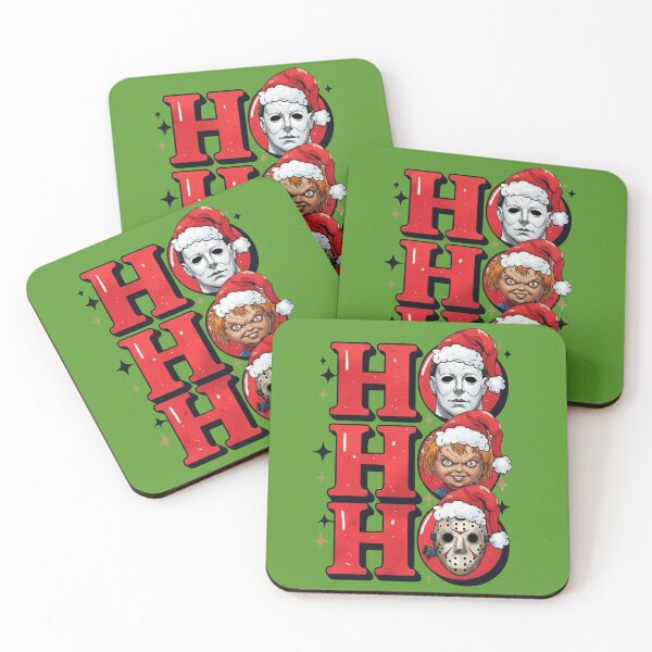 Item preview, Dark humor for Christmas art design HO HO HO parody with classicla figures from epic horrors: Michael Myers, Chucky and Jason designed and sold by RATIO CREATIVA.