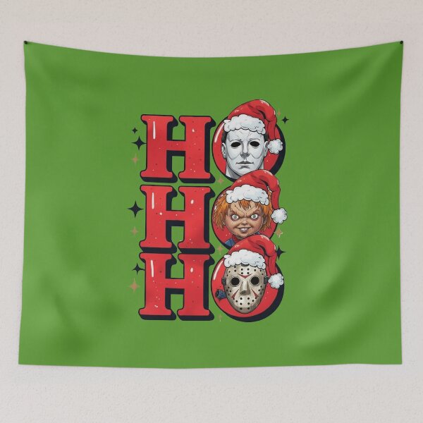 Item preview, Dark humor for Christmas art design HO HO HO parody with classicla figures from epic horrors: Michael Myers, Chucky and Jason designed and sold by RATIO CREATIVA.