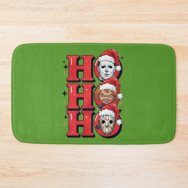 Item preview, Dark humor for Christmas art design HO HO HO parody with classicla figures from epic horrors: Michael Myers, Chucky and Jason designed and sold by RATIO CREATIVA.