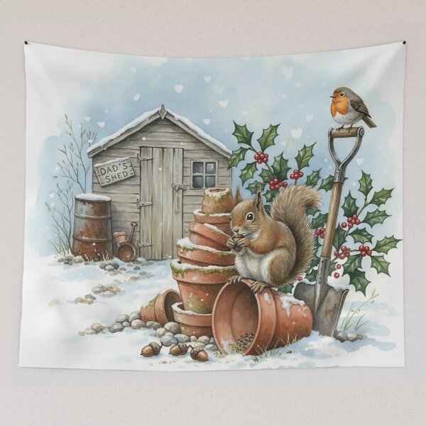 Item preview, Christmas Squirrel in Snowy Garden Watercolor Illustration – Robin and Dad’s Shed designed and sold by Pixel Pout.