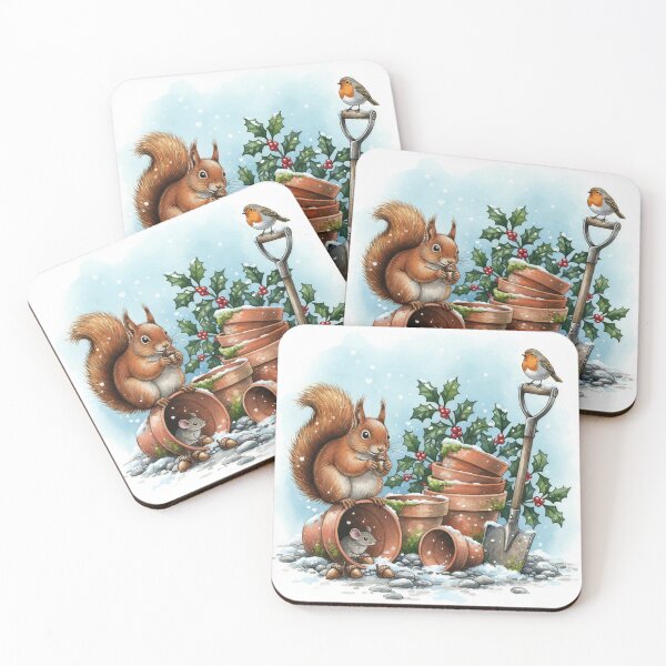 Item preview, Christmas Squirrel and Robin Watercolor Illustration – Snowy Garden with Holly and Mouse designed and sold by Pixel Pout.