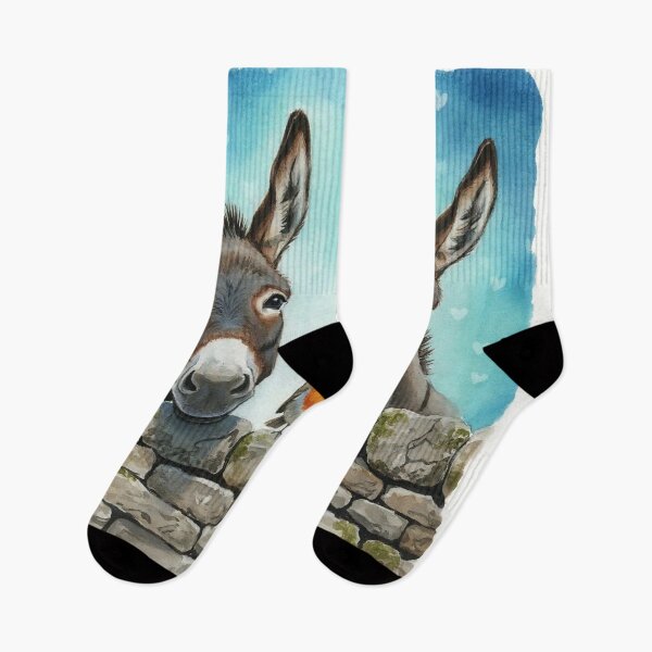 Item preview, Two Donkeys and Robin Watercolor Illustration – Cute Farm Animals Over Stone Wall designed and sold by Pixel Pout.