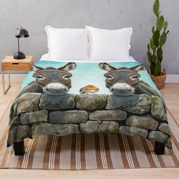 Item preview, Two Donkeys and Robin Watercolor Illustration – Cute Farm Animals Over Stone Wall designed and sold by Pixel Pout.