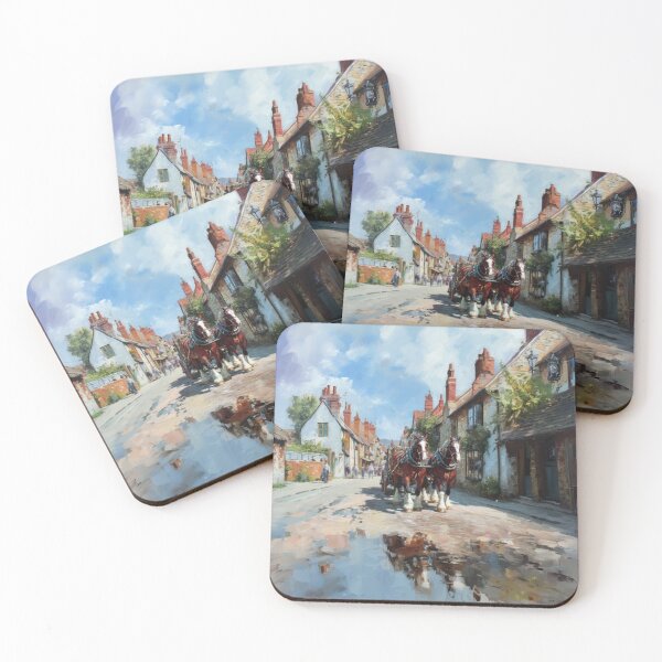 Item preview, A team of Clydesdales pulling a heavy wagon through a picturesque village Horses in Motion designed and sold by CDC40.