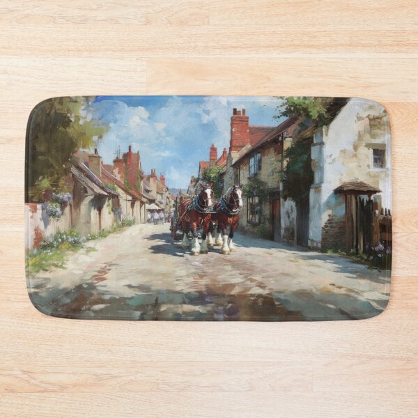 Item preview, A team of Clydesdales pulling a heavy wagon through a picturesque village Horses in Motion designed and sold by CDC40.