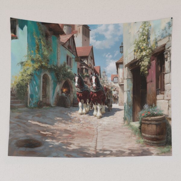 Item preview, A team of Clydesdales pulling a heavy wagon through a picturesque village Horses in Motion designed and sold by CDC40.