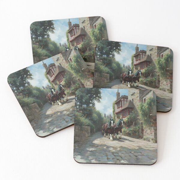 Item preview, A team of Clydesdales pulling a heavy wagon through a picturesque village Horses in Motion designed and sold by CDC40.