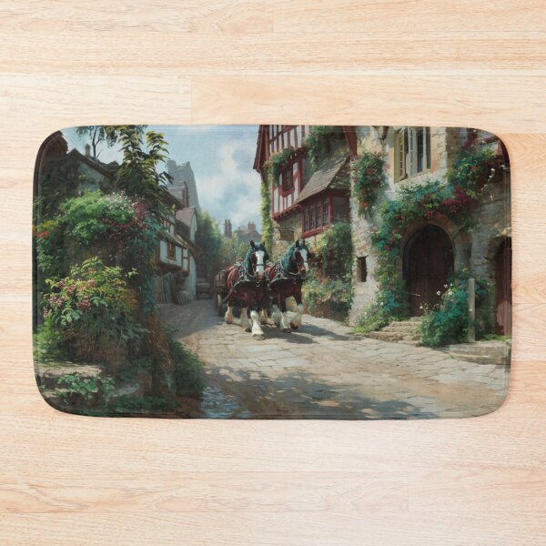 Item preview, A team of Clydesdales pulling a heavy wagon through a picturesque village Horses in Motion designed and sold by CDC40.