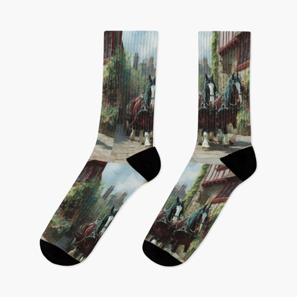 Item preview, A team of Clydesdales pulling a heavy wagon through a picturesque village Horses in Motion designed and sold by CDC40.
