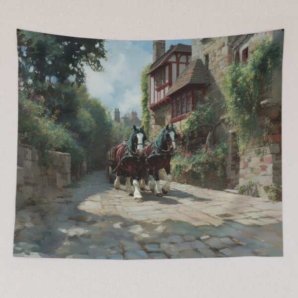Item preview, A team of Clydesdales pulling a heavy wagon through a picturesque village Horses in Motion designed and sold by CDC40.