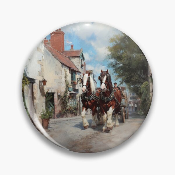 Item preview, A team of Clydesdales pulling a heavy wagon through a picturesque village Horses in Motion designed and sold by CDC40.