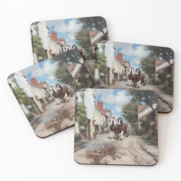 Item preview, A team of Clydesdales pulling a heavy wagon through a picturesque village Horses in Motion designed and sold by CDC40.