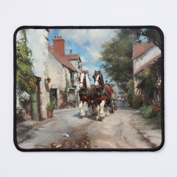 Item preview, A team of Clydesdales pulling a heavy wagon through a picturesque village Horses in Motion designed and sold by CDC40.