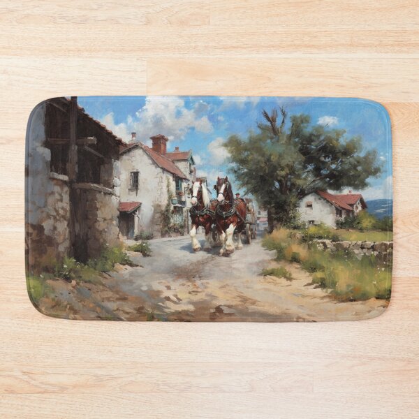 Item preview, A team of Clydesdales pulling a heavy wagon through a picturesque village Horses in Motion designed and sold by CDC40.
