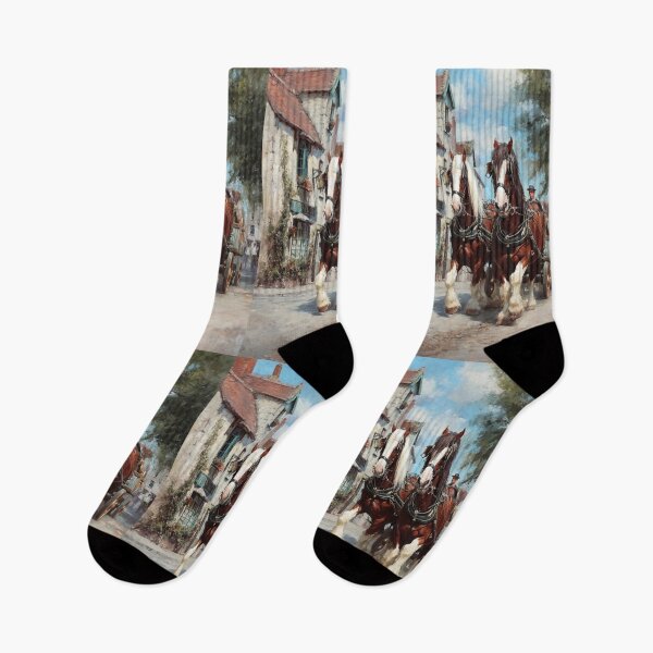 Item preview, A team of Clydesdales pulling a heavy wagon through a picturesque village Horses in Motion designed and sold by CDC40.