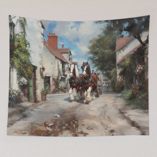 Item preview, A team of Clydesdales pulling a heavy wagon through a picturesque village Horses in Motion designed and sold by CDC40.