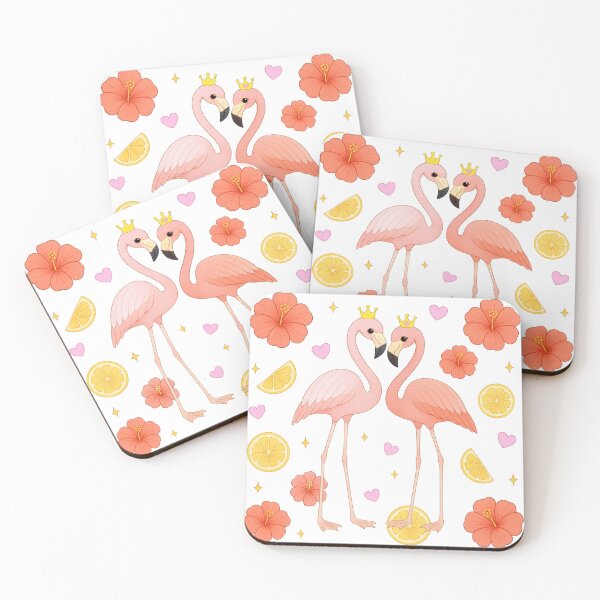 Item preview, Flamingo Couple with Hibiscus and Lemon - White designed and sold by HIMEKARI.