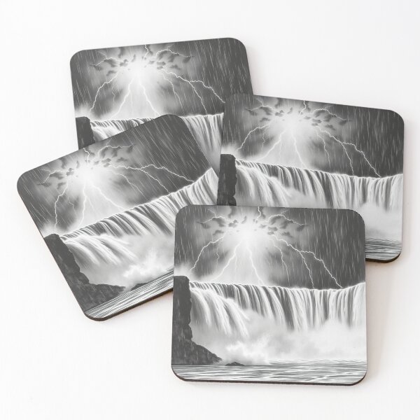 Item preview, Black and White Lightning Storm Waterfall - Epic Pencil Art designed and sold by EllDAV777.