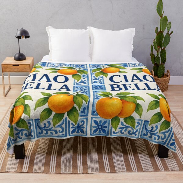 Item preview, Ciao Bella Oranges – Blue Italian Tiles Watercolor Design designed and sold by EmeraldeaArt.