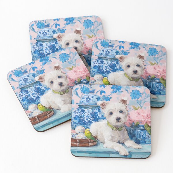 Item preview, Preppy white terrier snd green budgie designed and sold by SophieClimaArt.