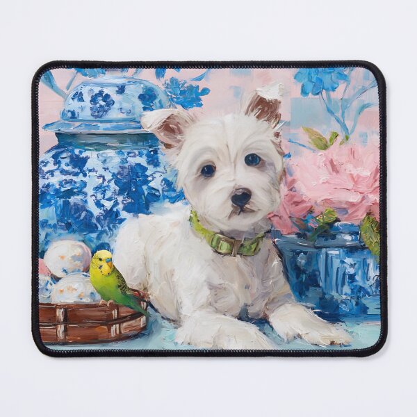 Item preview, Preppy white terrier snd green budgie designed and sold by SophieClimaArt.