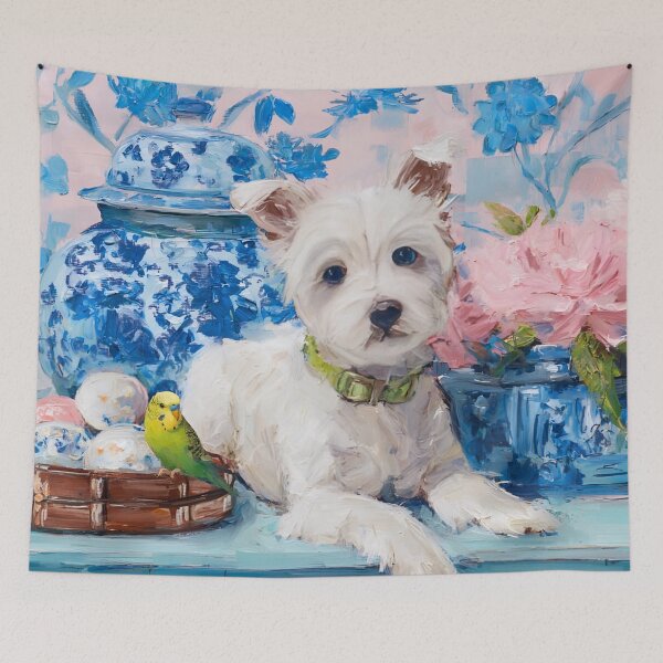 Item preview, Preppy white terrier snd green budgie designed and sold by SophieClimaArt.