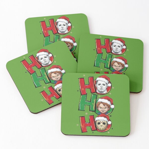 Item preview, Dark humor for Christmas art design HO HO HO parody with classcal figures from epic horrors: Michael Myers, Chucky and Jason designed and sold by RATIO CREATIVA.