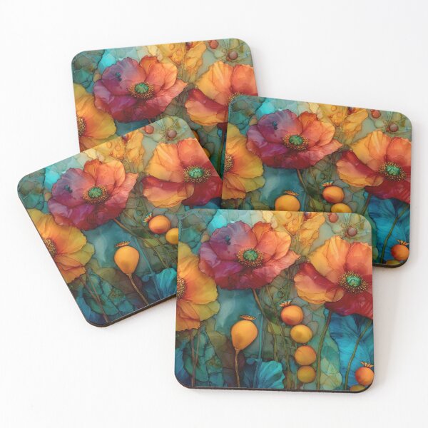 Item preview, Vibrant Alcohol Ink Poppies in Fiery Red and Gold designed and sold by dawnleblanc55.