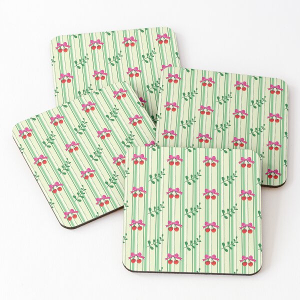 Item preview, Cherry Ribbon and Leaf Pattern on Green Striped Background designed and sold by RS4you.
