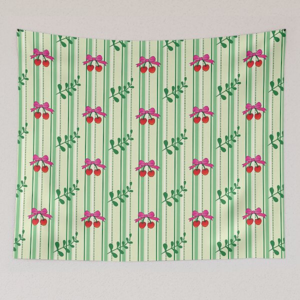 Item preview, Cherry Ribbon and Leaf Pattern on Green Striped Background designed and sold by RS4you.
