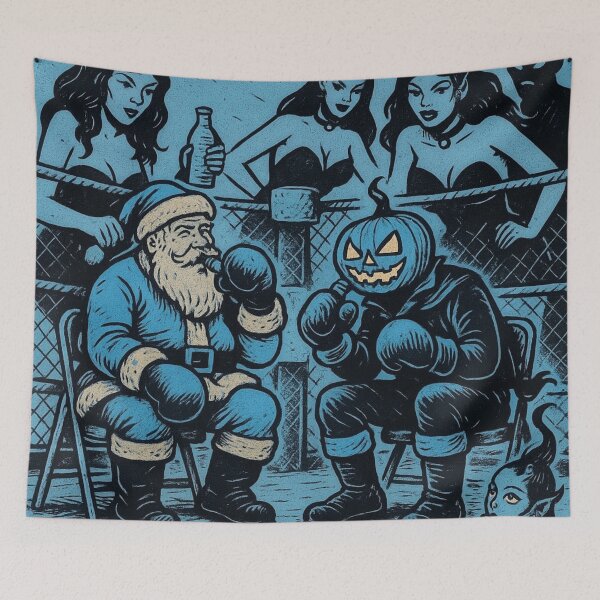 Item preview, Headless Horseman vs Santa at the Boxing Ring: Retro Winter Fantasy Art designed and sold by TheHorsemanRidesAgain.