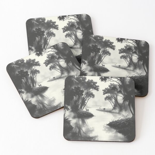 Item preview, Black and White Misty Jungle Lake Wildlife Wall Art designed and sold by EllDAV777.