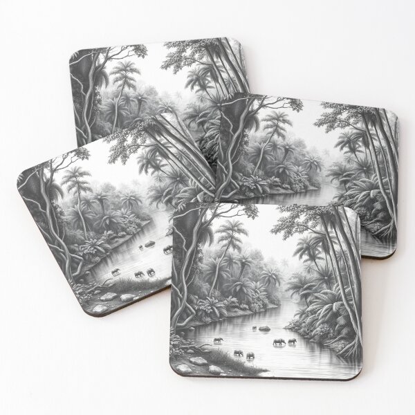 Item preview, Black and White Jungle Elephants River - Wildlife Art Print designed and sold by EllDAV777.