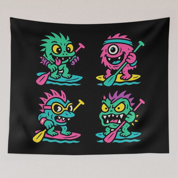 Item preview, Paddle Boarding Monsters and Aliens Cartoon Characters in Retro 80s Neon Punk Style designed and sold by SpokeBender.