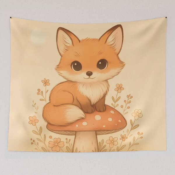 Item preview, Adorable Fox Kit Sitting on Toadstool Warm Tones designed and sold by oynipshop.