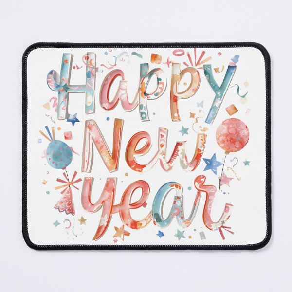 Item preview, Happy new year text with blue and yellow flowers on gray background, cheerful festive greeting design for celebration and holiday wishes designed and sold by PWDigitalArt.