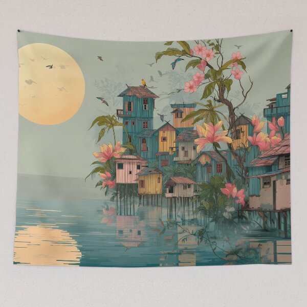 Item preview, Moonlit Stilt Village with Blossoms designed and sold by makimaki-unko.
